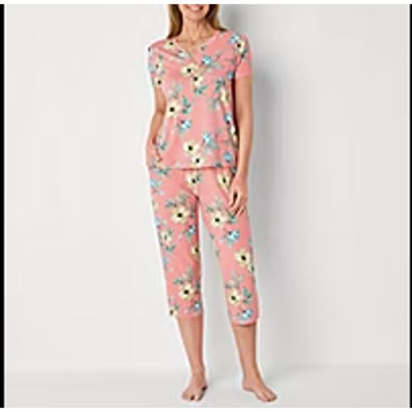 LIZ CLAIBORNE Pink Floral NWT Short Sleeve Sleep Set Cropped 2X Plus Size - Picture 1 of 4